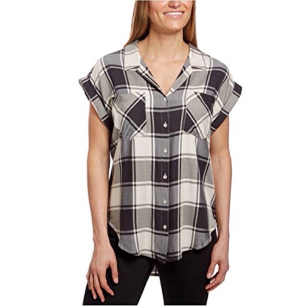 Jachs Girlfriend Quinn Cap Sleeve Plaid Button Down Shirt